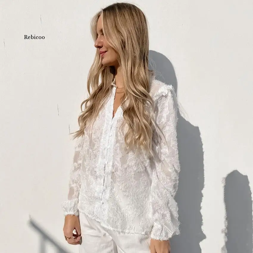 Transparent Chiffon Elegant Lapel Shirt Spring 2022 Long Sleeve Button Blouses Single-Breasted Lady Office White Top