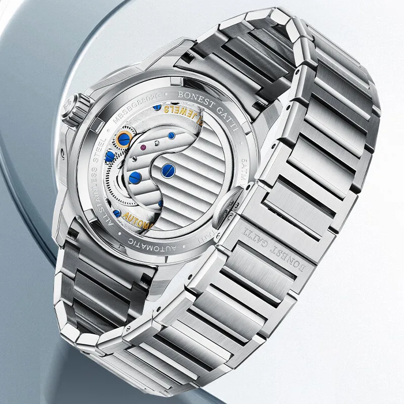 BONEST GATTI Men Automatic Watch 42mm Mechanical Wristwatch Sapphire Glass Luminous Crystal Bezel 24 Hours Skeleton Dial