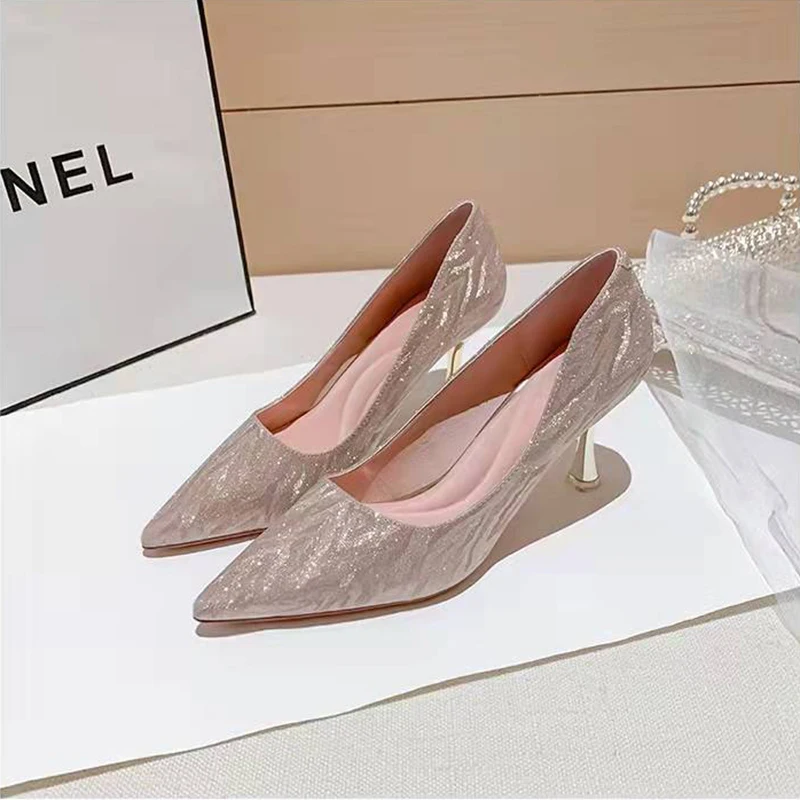 2022 Shiny Shoes Women Sandals Elegant Pointed Toe Slingback Summer Office Lady Shoes Fashion High Heels Gladiator Sandals Woman
