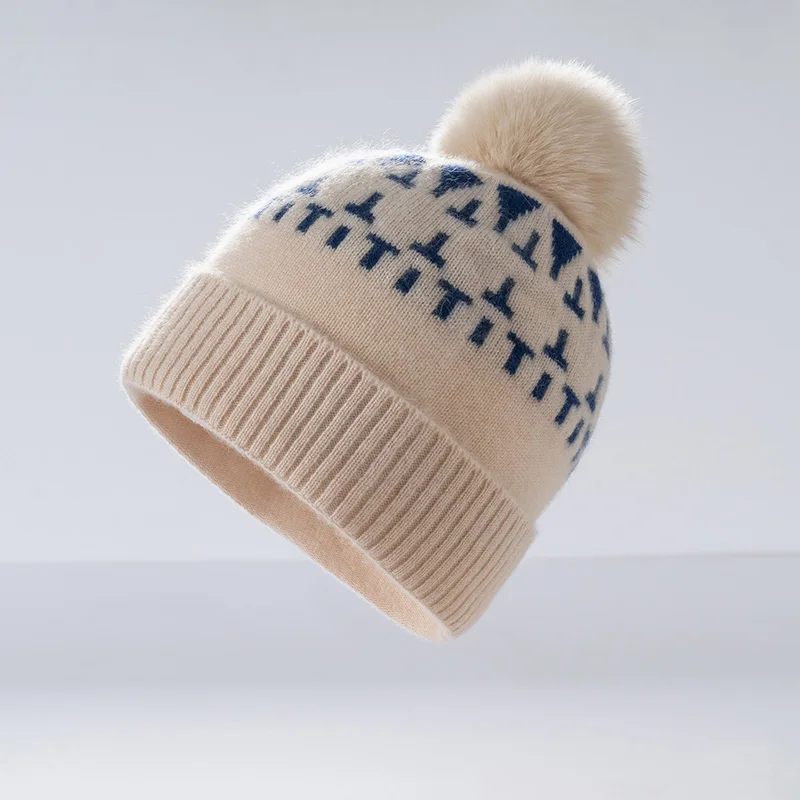 Winter New High-Quality 100% Cashmere Knitted Jacquard Striped Cashmere Hat Fur Ball Hat Padded leisure Cashmere Warm Hat