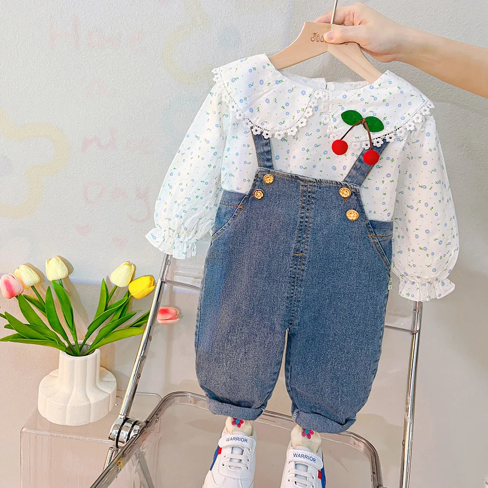 Autumn Spring Baby Girl Clothes Set Children Cute Active Long Sleeved Shirt and Denim Overall Rompers Two Piece Kids Suit