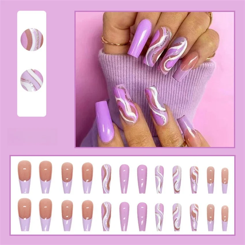 

24Pcs/Set Long Ballet Purple Tenderness Wearing False Nails Ripple Glitter Pieces Patchwork Fake Nails Art Stick Press on Nails