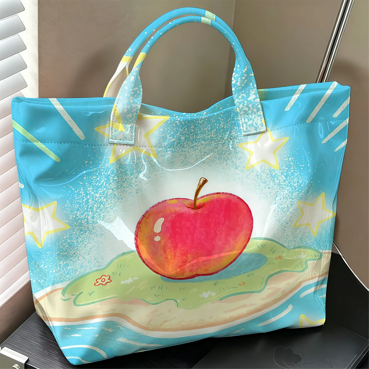 Magic Apple Island Cute Large Glossy PVC Tote Bag Hand Washable Lightweight Soft for Travel Commute Makeup Storage Handbags
