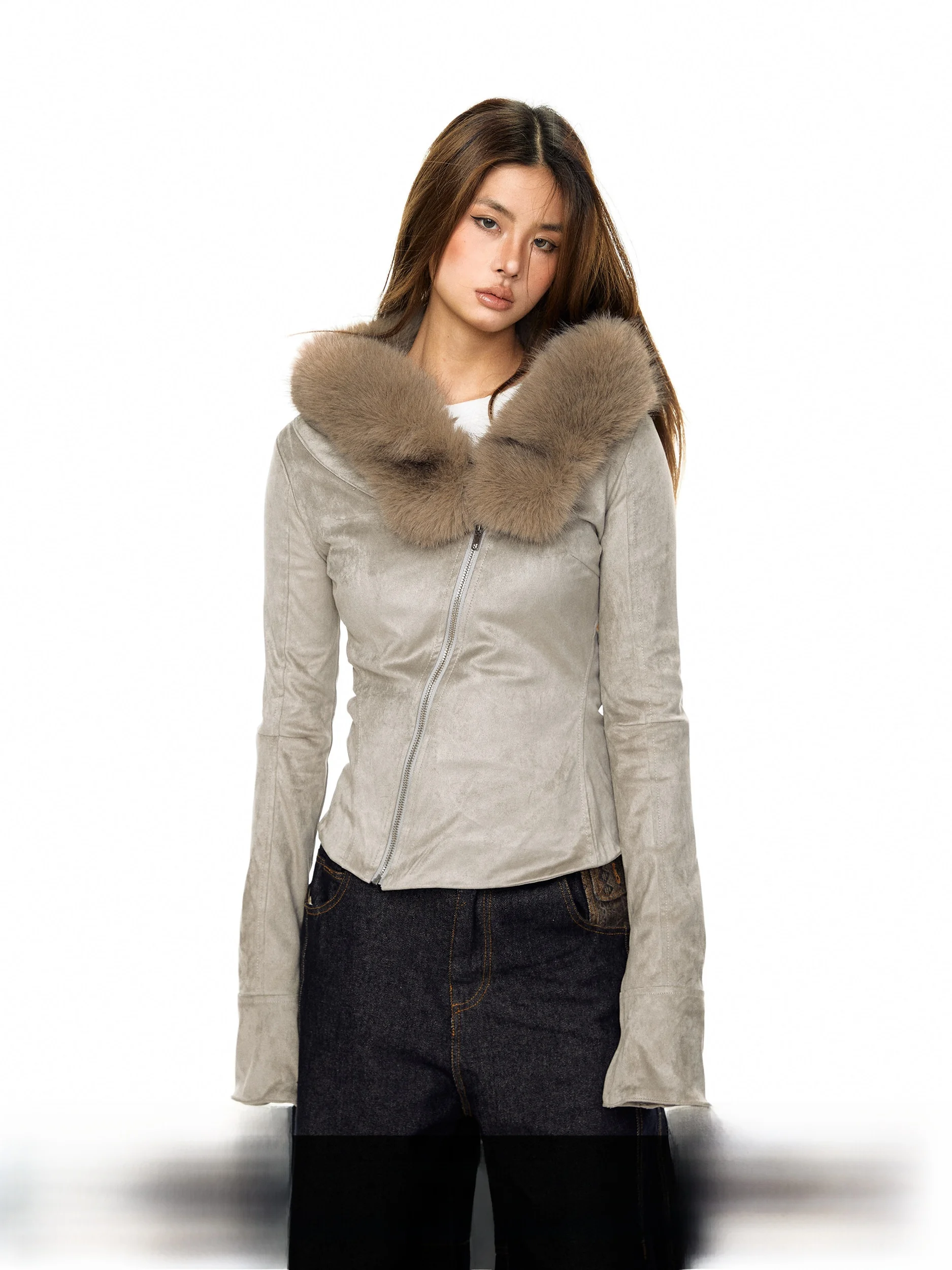 

Blabb Suede Velvet Jaet Women's Early Spring American Hot Girl Slim Fit ort Top Irregular Zipper Waisand Fur Collar