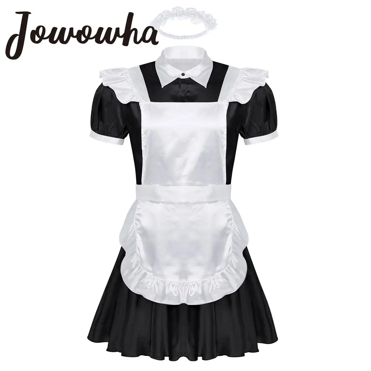 Mens Sissy Maid Cosplay Costume Puff Sleeve Frilly Satin French Apron Servant Babydoll Dress Roleplay Crossdress Club Nightwear