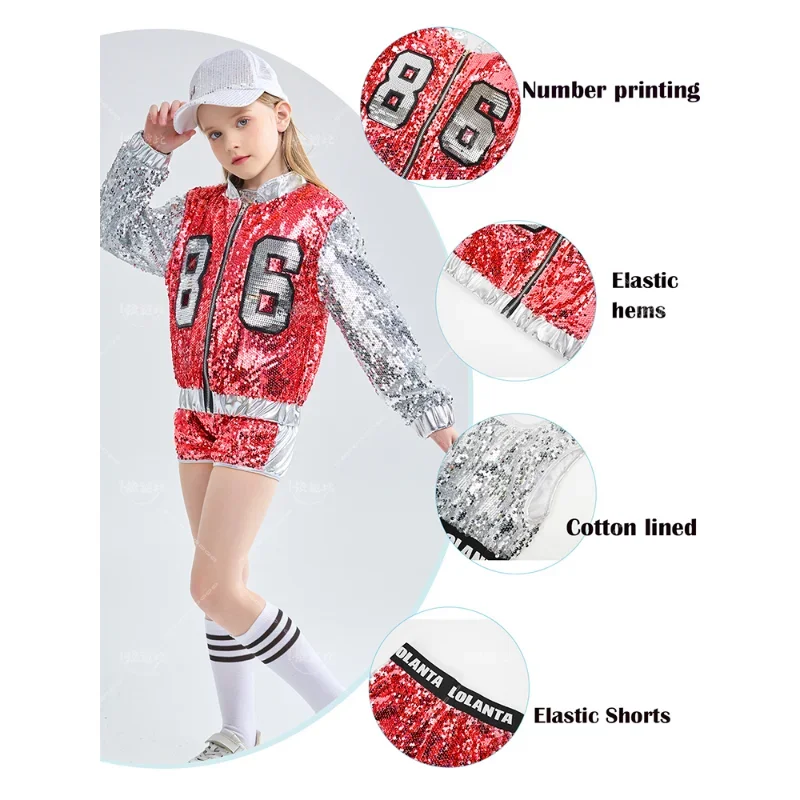 Girls Pink Sequin Crop Tops Shorts Jacket Dancewear Costume Hip Hop Modern Jazz Dance Stage Performance Wear image 3