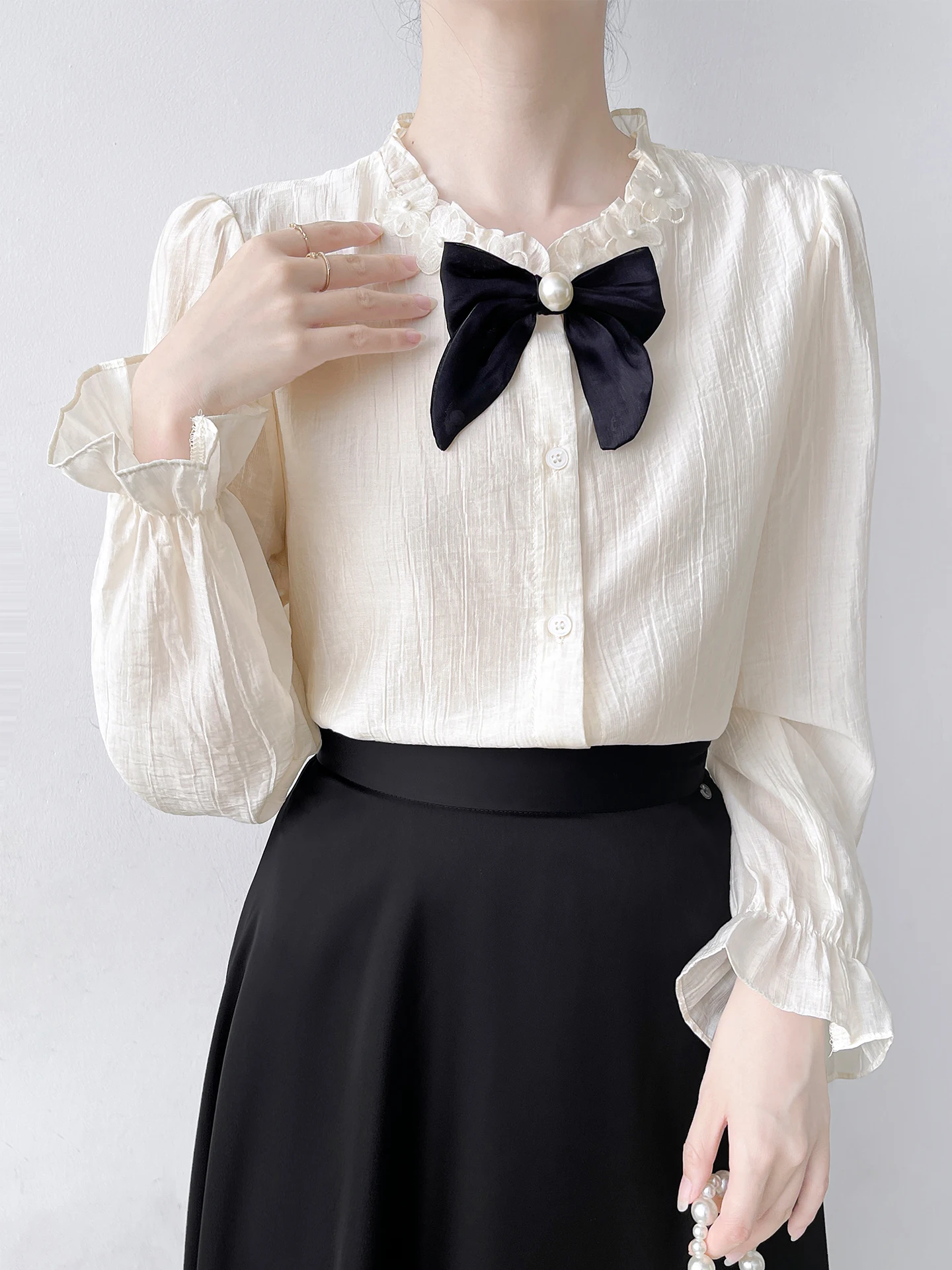 Elegant Korean Style Long Sleeve Shirt for Women with Detachable  Knot Stand Collar Chiffon Top Commute Friendly