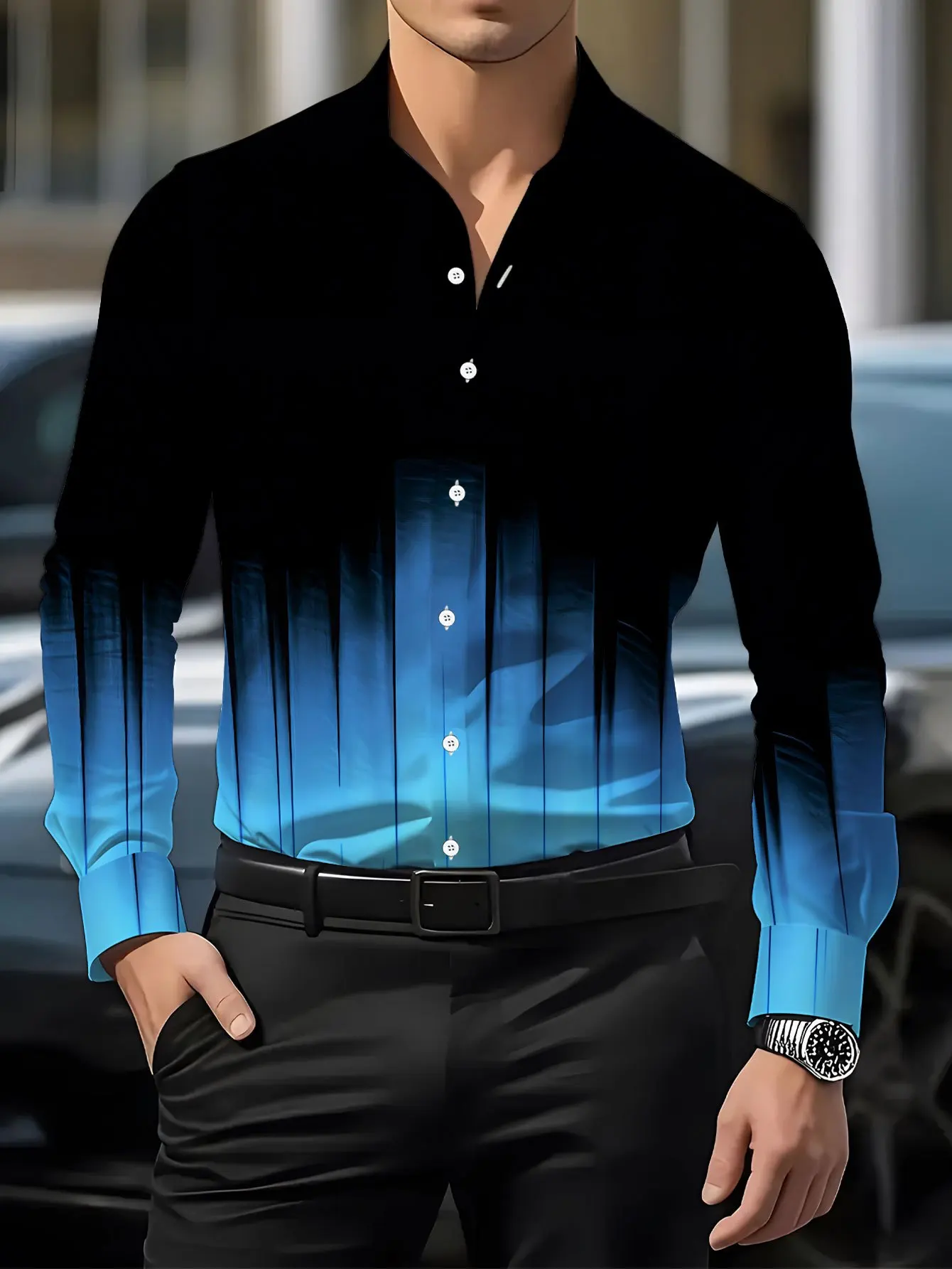 2026 Men Long Sleeve Shirt Black Blue Gradient Drip Print Button Down Casual Daily Holiday Party Slim Tops Men's Clothing