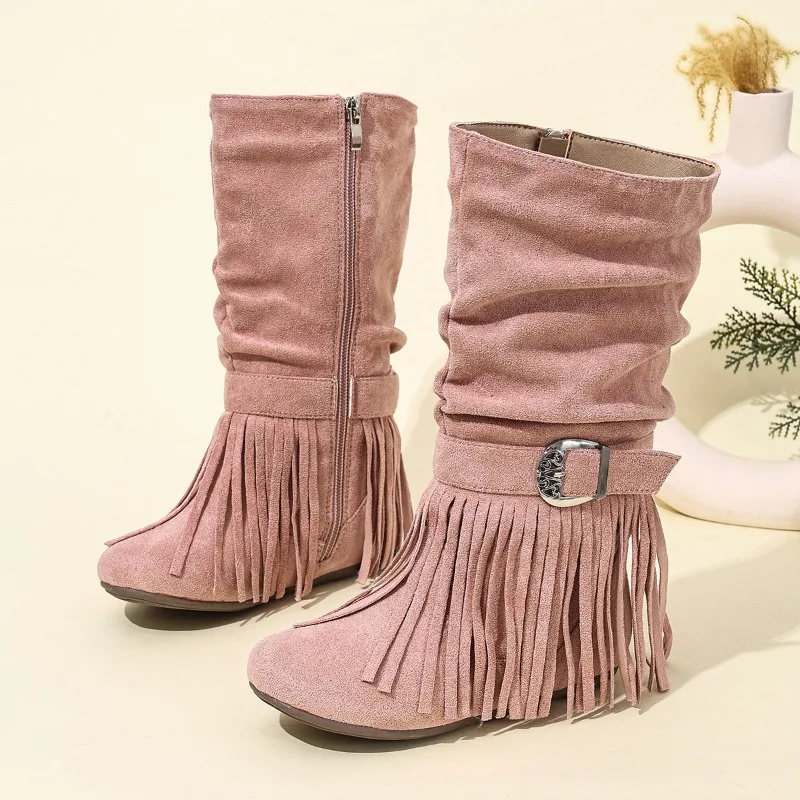 

Retro Tassel Flat Bottomed Street Versatile Side Zipper High Girls Boots Round Toe Pleated Buckle Single Boot Botas Para Niñas