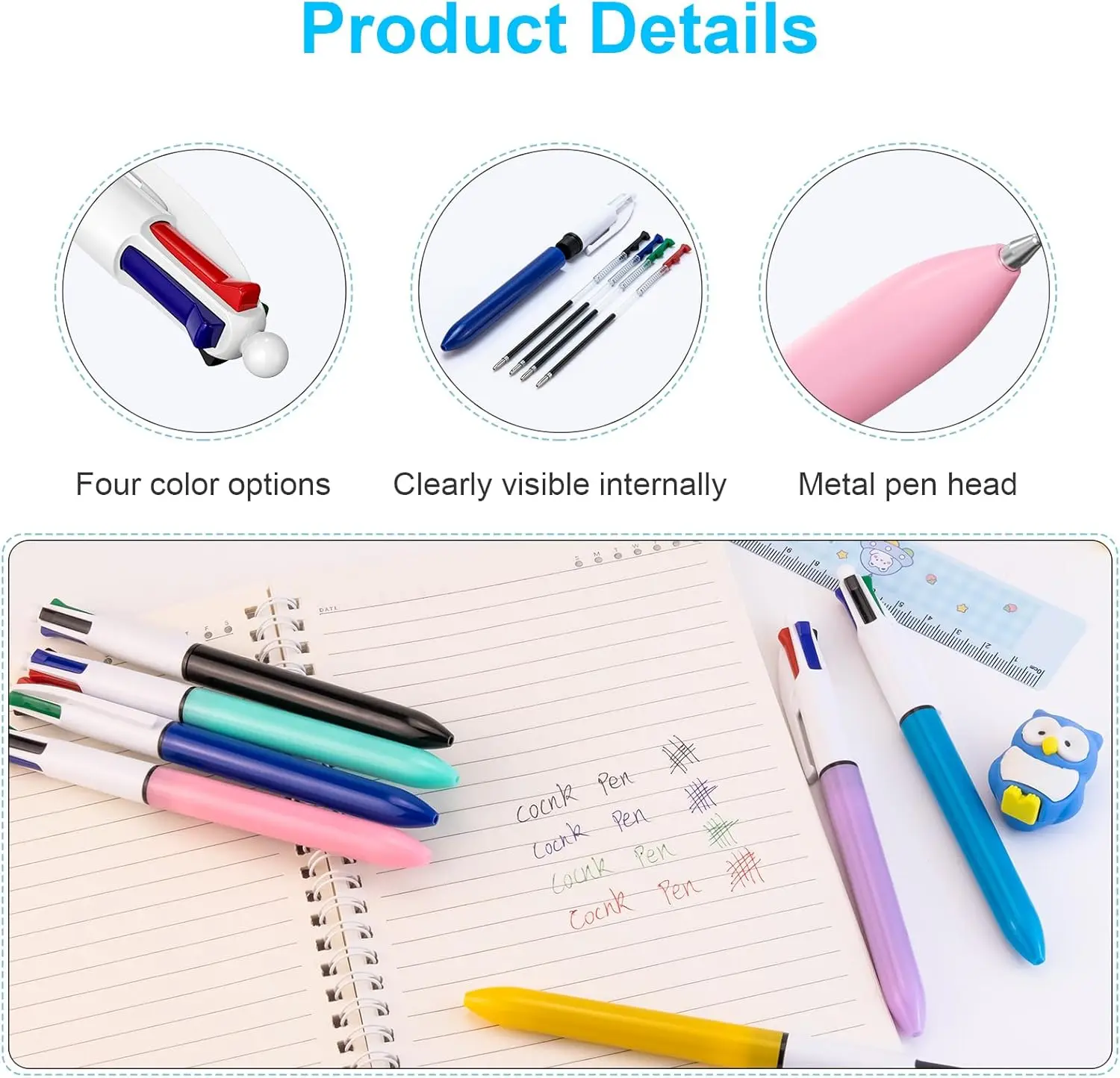 8 Pack Ballpoint Pens Multicolor 4-in-1 Colored Smooth Writing for Planner Journaling 0.7mm Multicolor Pens