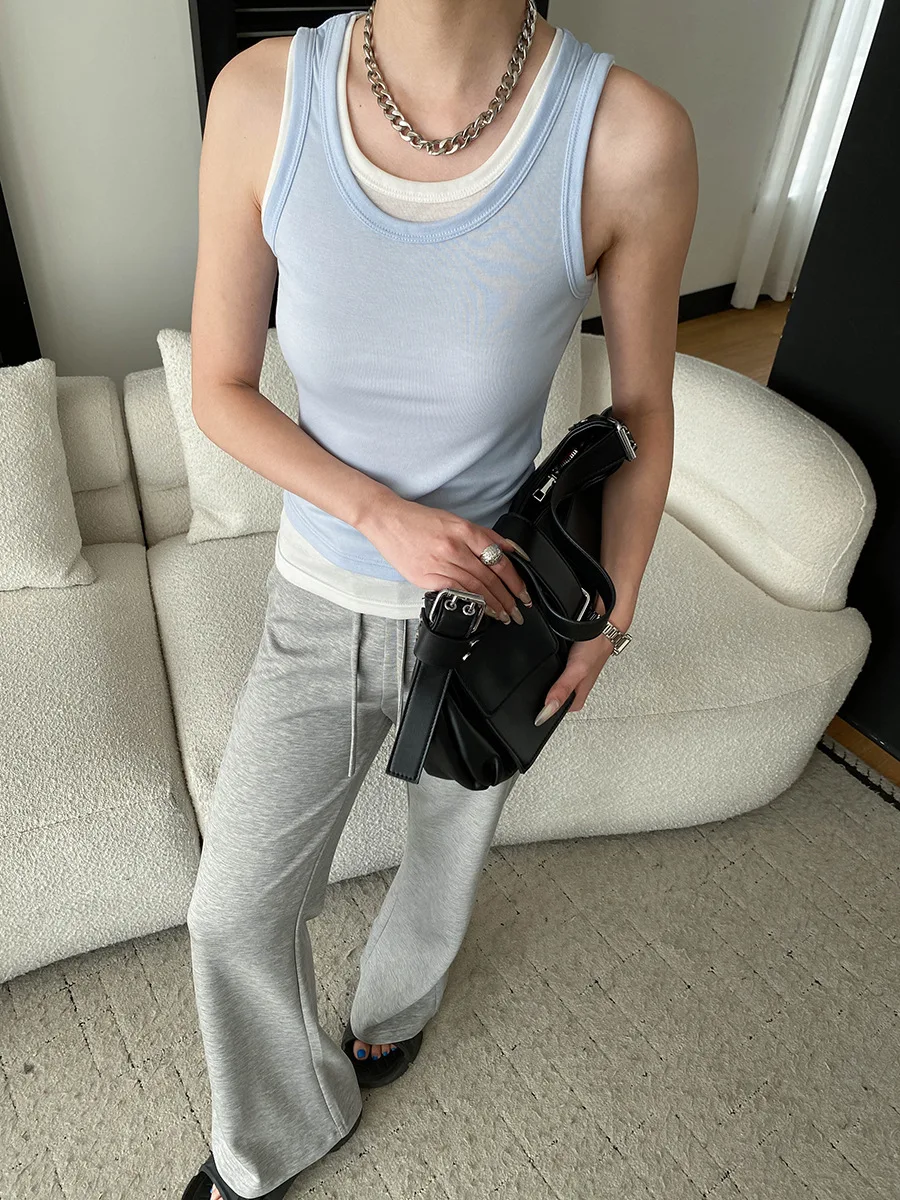 Sommerliches, lässiges, einfarbiges, kontrastfarbenes, zweiteiliges Tanktop mit Rundhalsausschnitt und schmaler Passform für Damen – Detail 31