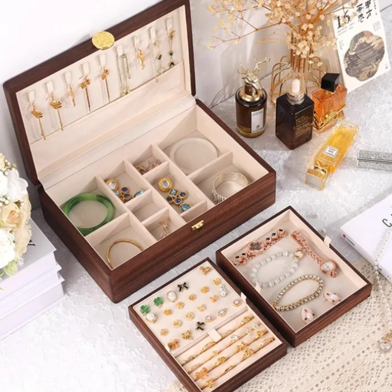 

Solid Wood Jewelry Box Portable Travel Jewellery Boxes Large Capacity Lock Jewelry Cases Earrings Bracelet Casket for Jewellery