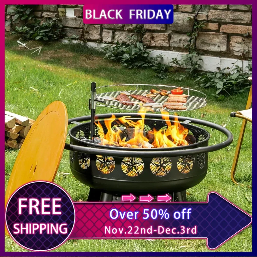 3-in-1 Fire Pit with Swivel Cooking Grate, 32 Inch Wooding Burning Fire Pit, Outdoor Fire Pit with Metal Lid for Patio Backyard