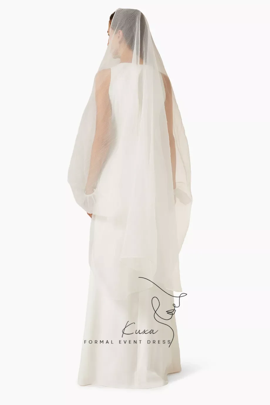 KUXA Customized Straight Wedding Dresses Round Neck 3D Appliques Detachable Puff Long Sleeves Bridal Gown With Veil