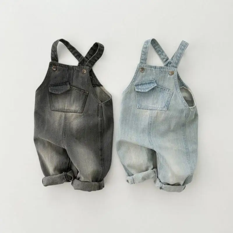 

2025 Spring New Children Loose Denim Overalls Solid Baby Girls Vintage Strap Trousers Boys Casual Pants Kids Versatile Jeans