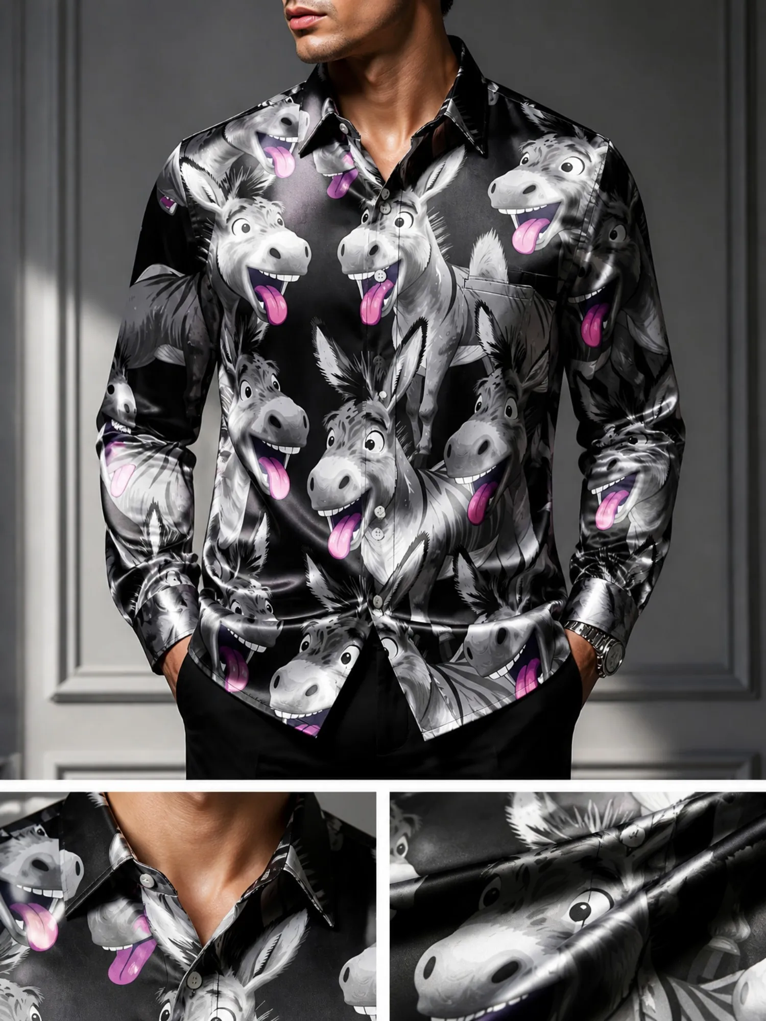 Mens Clubwear Satin Long Sleeve Button Shirt Soft Glossy Dress Shirt Lightweight Party Office Beach Vacation Clubwear Resort Top