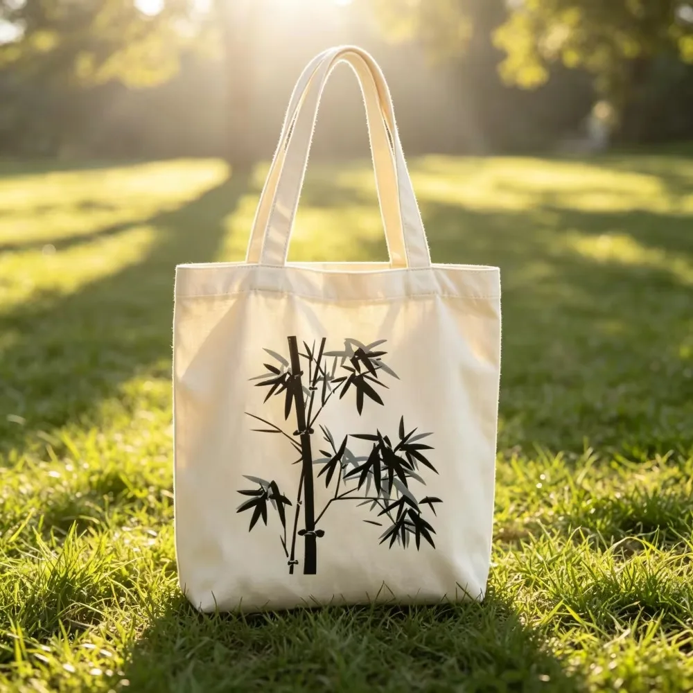 Personalized Bamboo Canvas Tote Bags Custom Name Chinese Ink Plant Botanical Grocery Shopping Bag Reusable for Women Girls Gifts