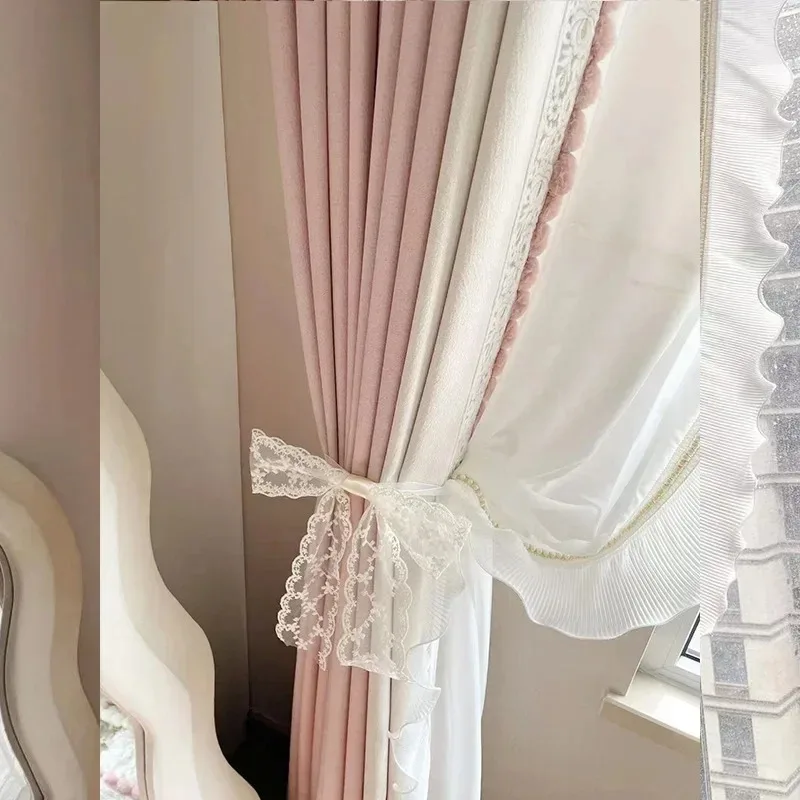 Custom  Size！French Luxury Curtains for Living Dining Room Bedroom Floating Window Balcony Hair Ball Girls and Pink  Tulle Decor