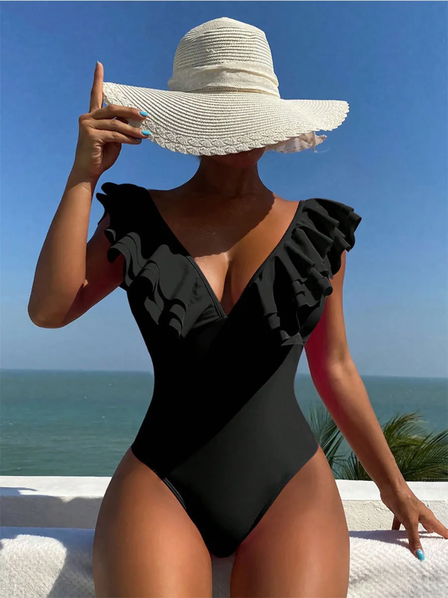 Mulheres de banho rosa vermelho sexy plissado uma peça biquíni cor sólida grande decote em v magro monokini verão beachwear maiô 2025 novo