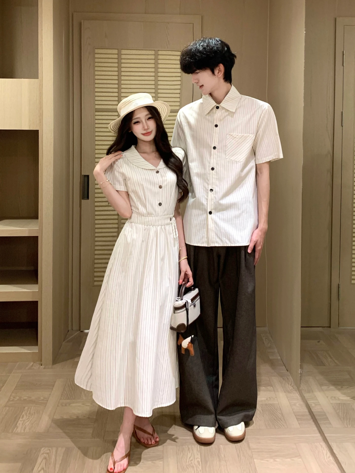 Couple's Long Stripe Shirt Dress Men's Women's Summer Slimming Outfit Standard Fit Button up French Style Short Sleeve Casual...