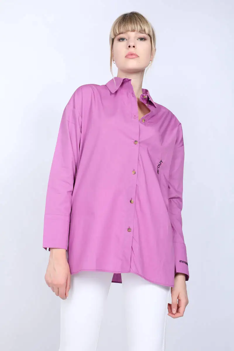 Women's Purple Slit Nakışlı Boyfriend Shirt