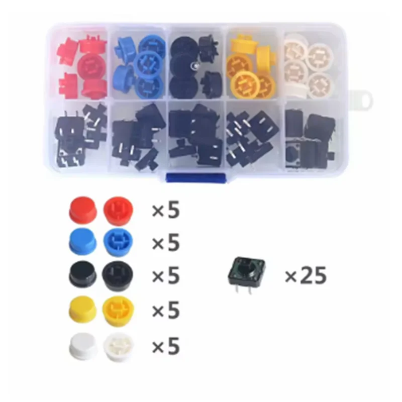 25PCS Tactile Momentary Module Button Momentary 12*12*7.3MM Micro switch button + 25PCS Tact Cap(5 colors)