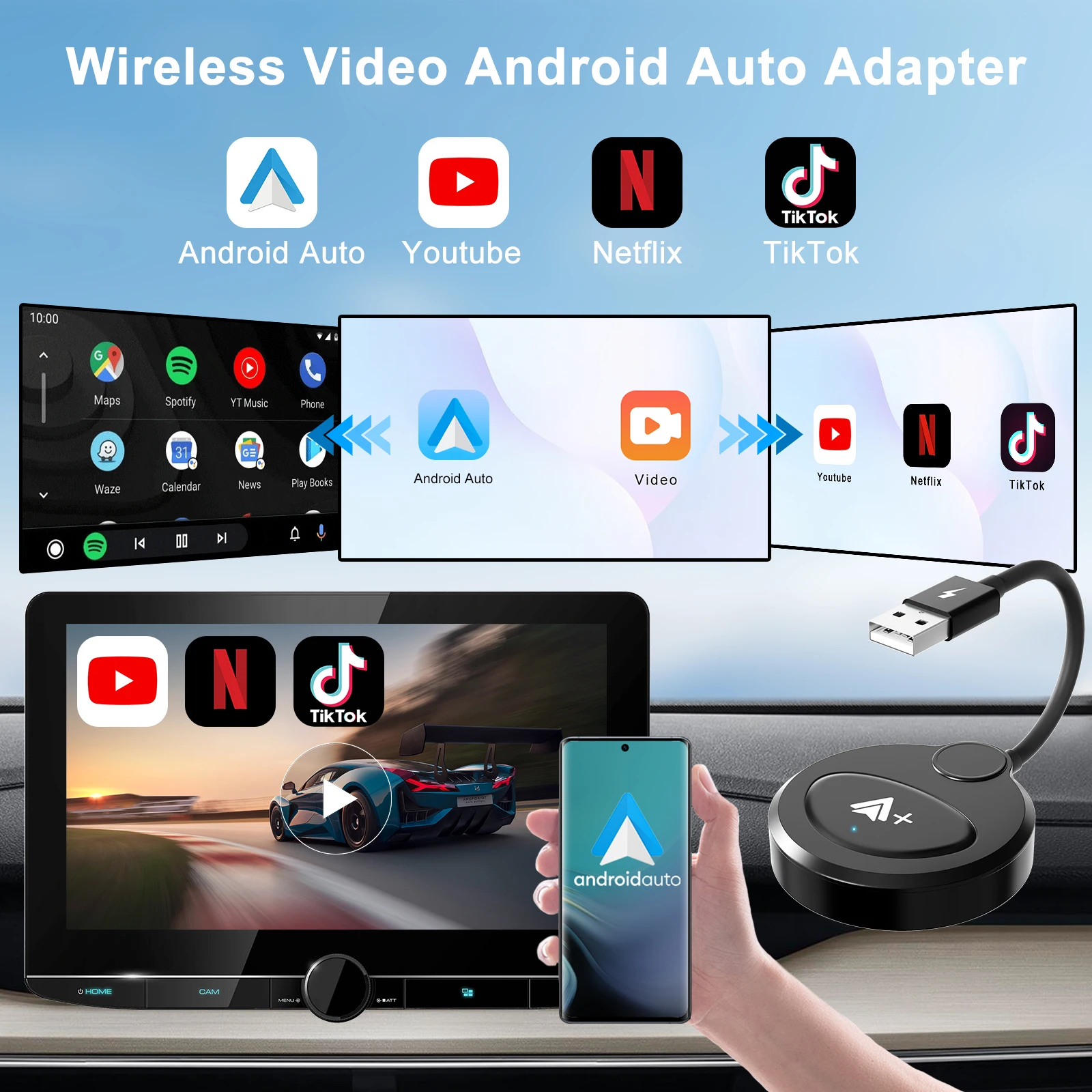 Wireless Android Auto Adapter/Dongle for OEM Factory Wired Android Auto Cars Converts Wired to Wireless Easy Setup Plug & Play