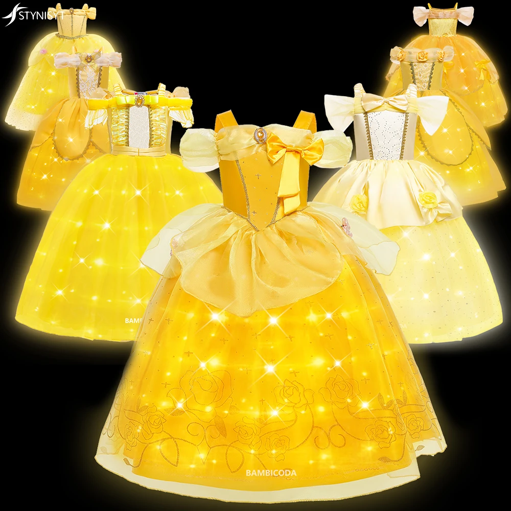 Girls Belle Princess Dress LED Light Up Kids Summer Cosplay Costume Beauty and the Beast Clothing Birthday Party Gift