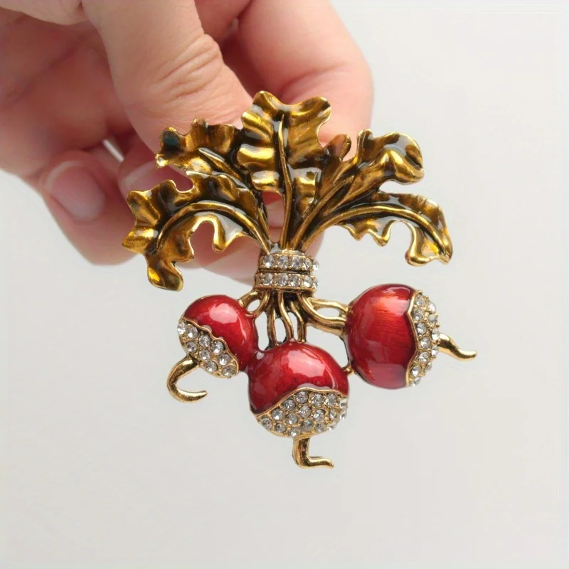 Vintage Luxury Inset Rhinestone Plant Vegetable Radish Unisex Brooch Pin Accessory Gift