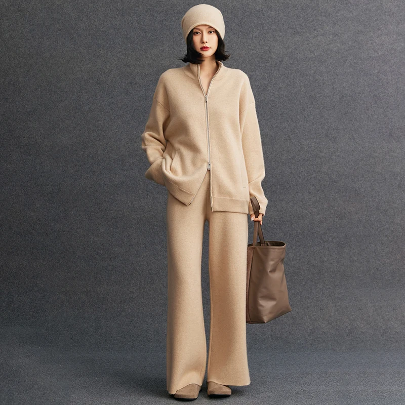 

Women 100% Cashmere Sweater Cardigan Pants Sets Autumn Winter Thick Zippers Tops Straigh Pants High Waist Soft Knitwear Trousers