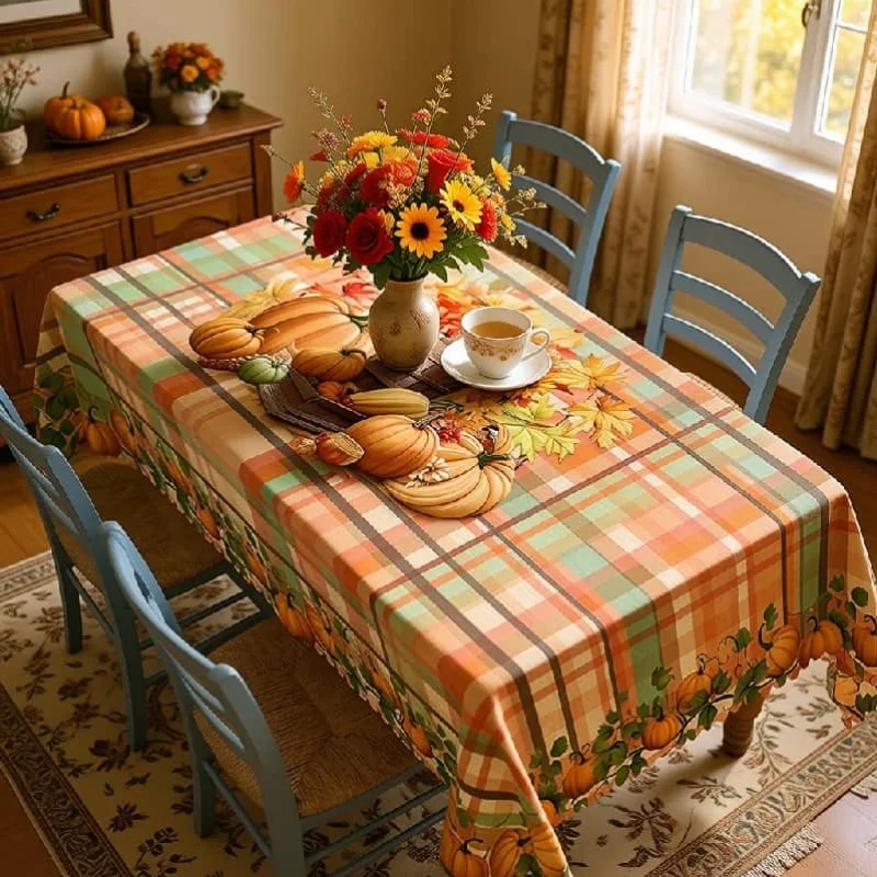 Vespri autumn tablecloth, with red and green decorations, featuring checks, pumpkins and sunflowers.zyc