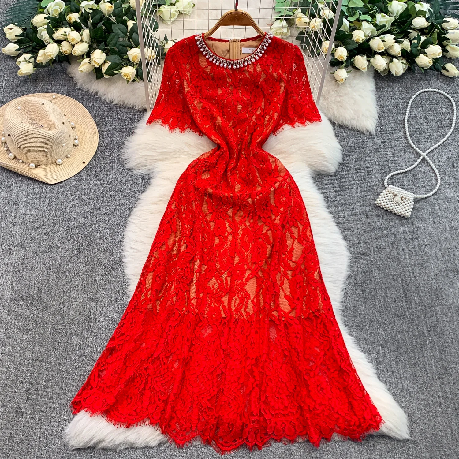 Abito vintage chic a maniche corte con perline Elegante fata moda coreana Boho Sundress abbigliamento donna