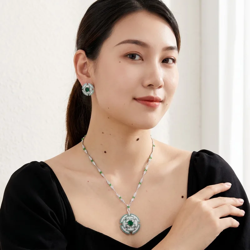 Europe America Long Necklace Earrings Women Inlay Green Cubic Zircon Synthetic Emerald Round Layered Pendant Party Jewelry Sets