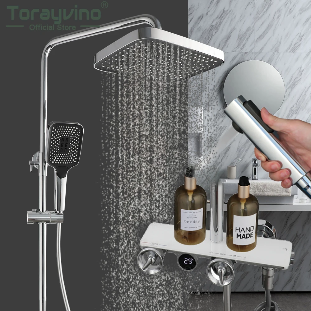 

Torayvino LED Digital Shower Set Thermostatic Mixer Showers System 4 Function Temperature Chuveiro Bath Mixer Faucet Combo Kit