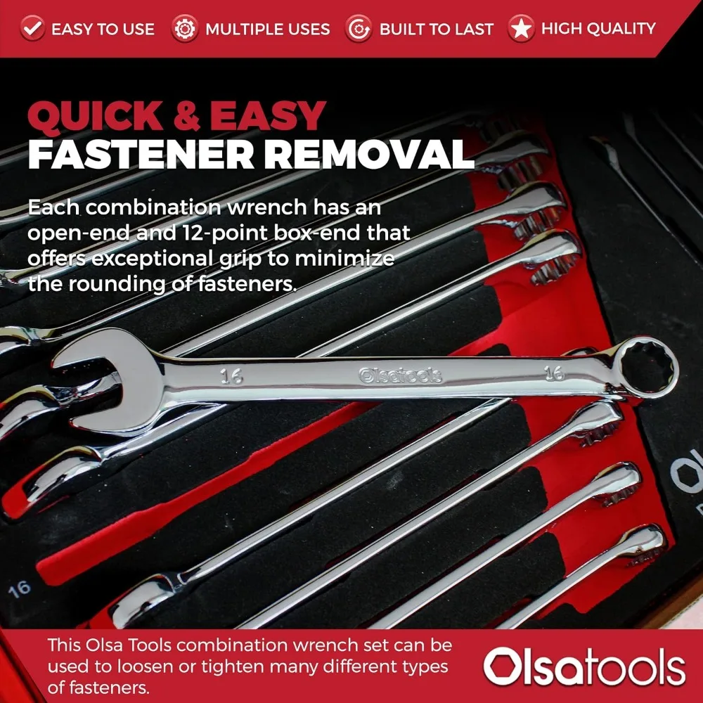 Set di chiavi combinate metriche da 15 pezzi, dimensioni 8-22 mm, infrangibili, acciaio al cromo vanadio, policarbonato