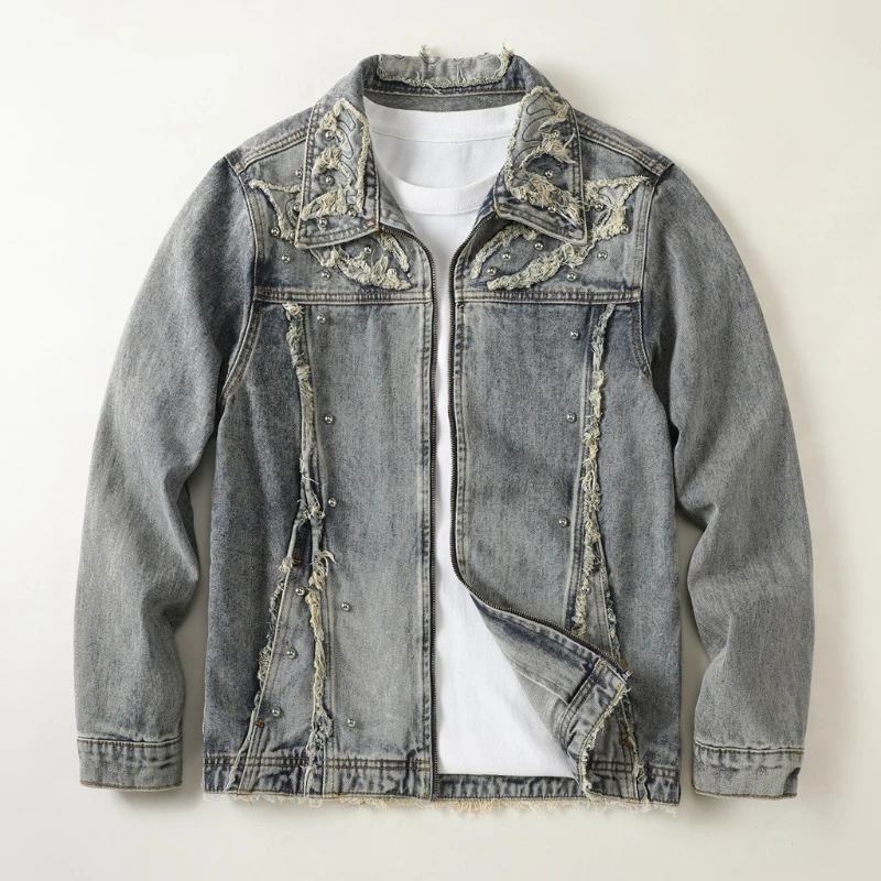 

Large Size Spring Autumn Casual Men's Denim Jackets American Retro Zipper Sle Trendy Clothes Youth Stand Collar Fit Clothes