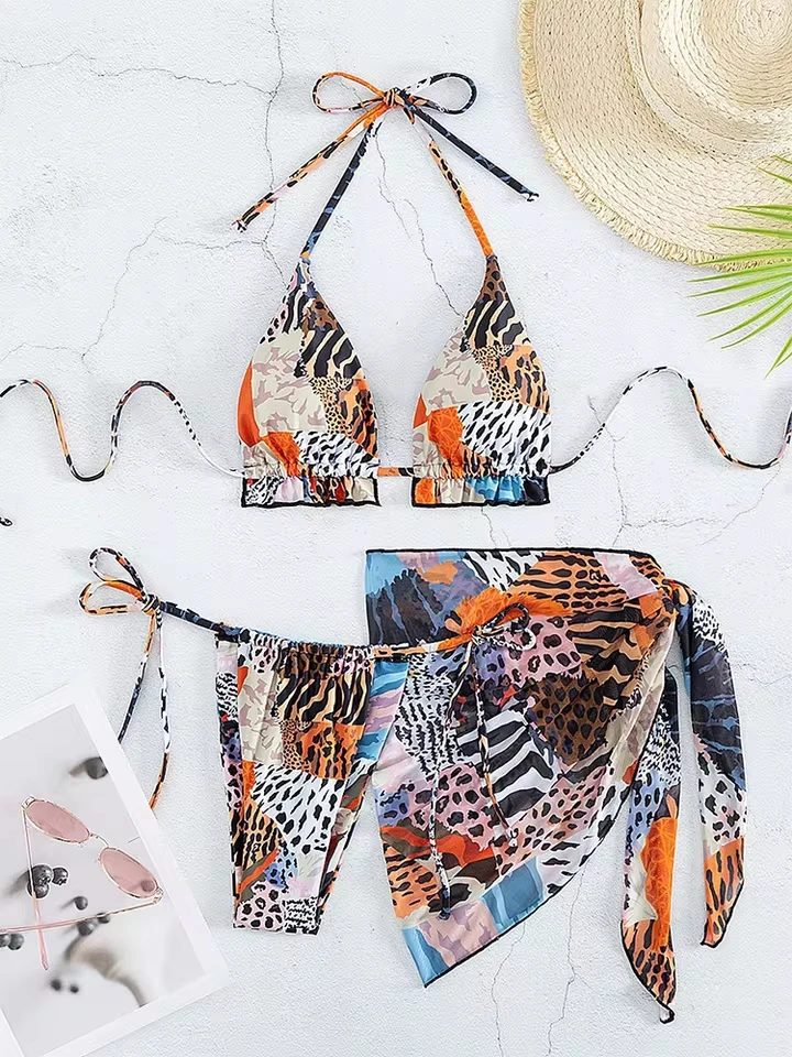 Vzvn Fashion Sexy Lace Up Leopard Bikini Women Split Swimsuit Beach Bikini 2026 New All Season Backless Bikinis Mesh 3 Piece Set