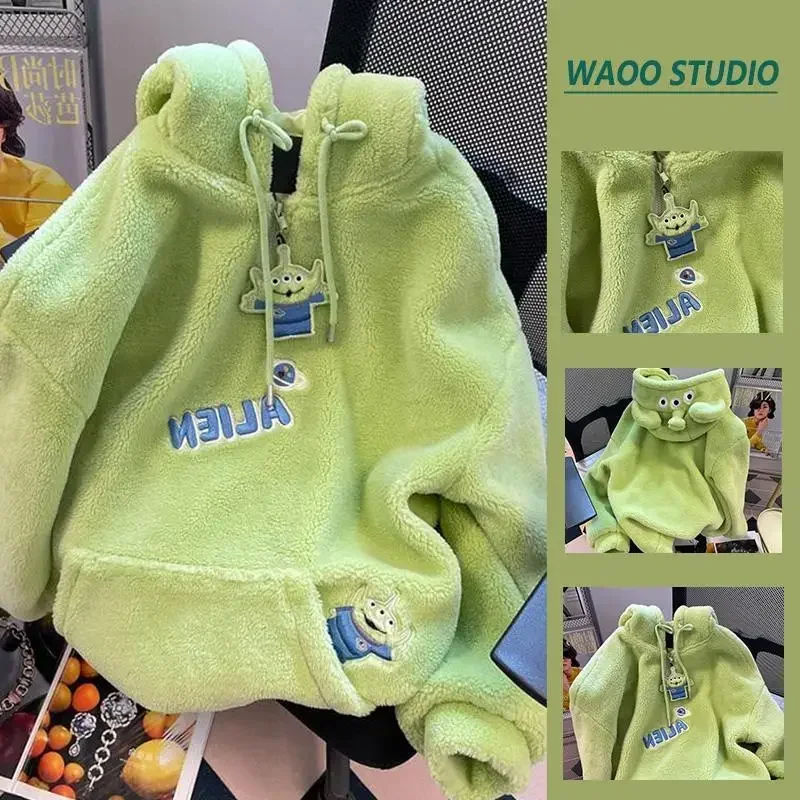 Cartoon Disney Alien cute male and female couple spring and autumn comfortable and soft hooded sherpa large size sweatshirt