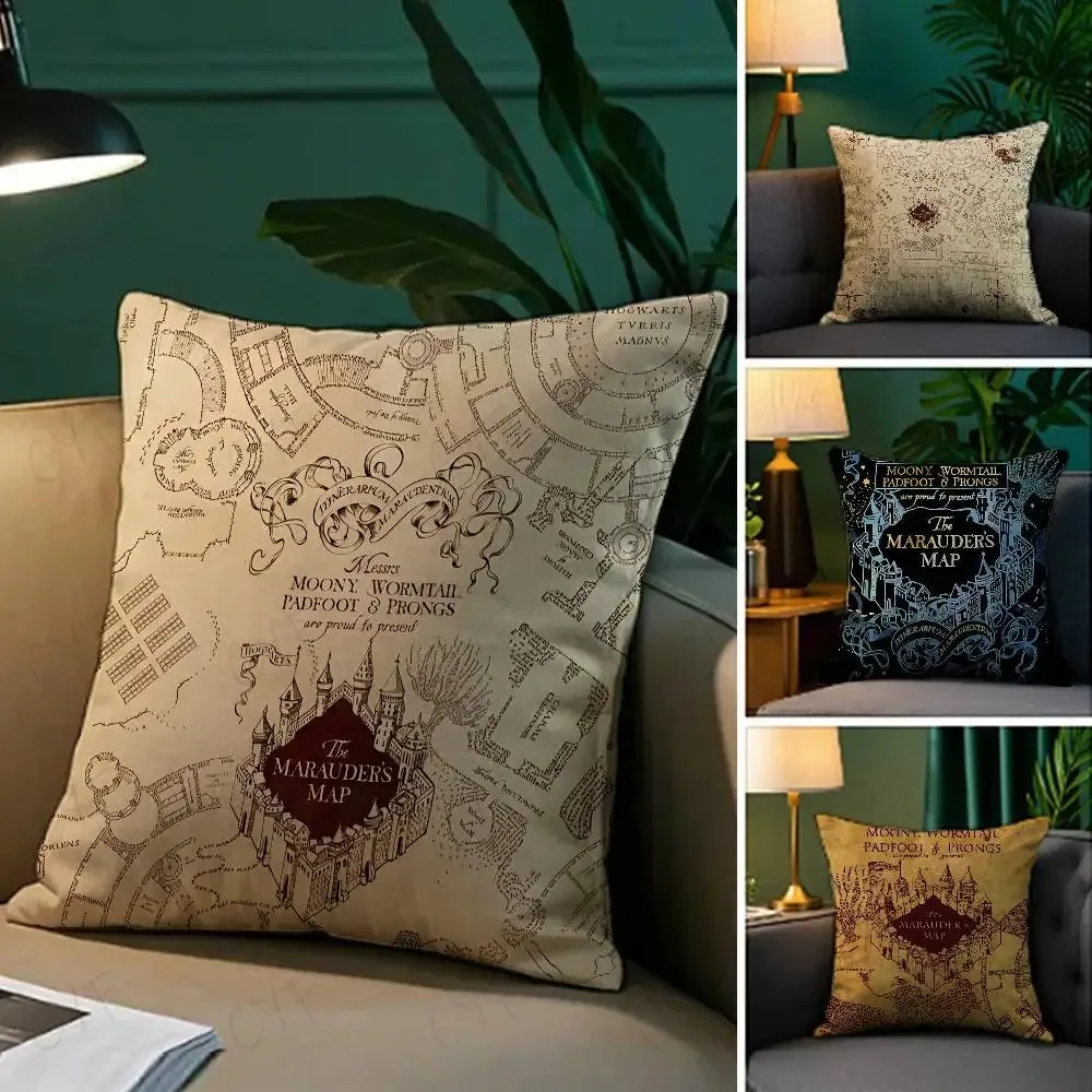 

Vintage Magic Castle Map Cushion Cover One-Piece Peach Skin Wizard School Square Throw Pillowcase Sofa Living Room Decor