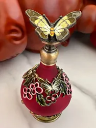Vintage Red Perfume Bottle Butterfly Flower Decor Refillable Travel Antique Metal Empty Glass Dropper Women Girl Gift