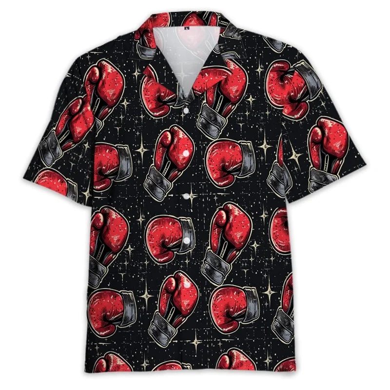 Men's Casual Boxing Glove Shirts Streetwear Beach Button-down Sports Shirts Wrestling Blouses Oversized Short Sleeve Shirt