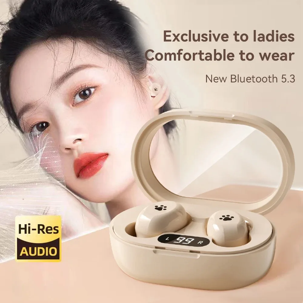 

Mini Cute Cat's Paw Wireless Bluetooth In-ear Earphones HIFI Long Endurance Digital Display Sport Earsets For Student Girl Gifts