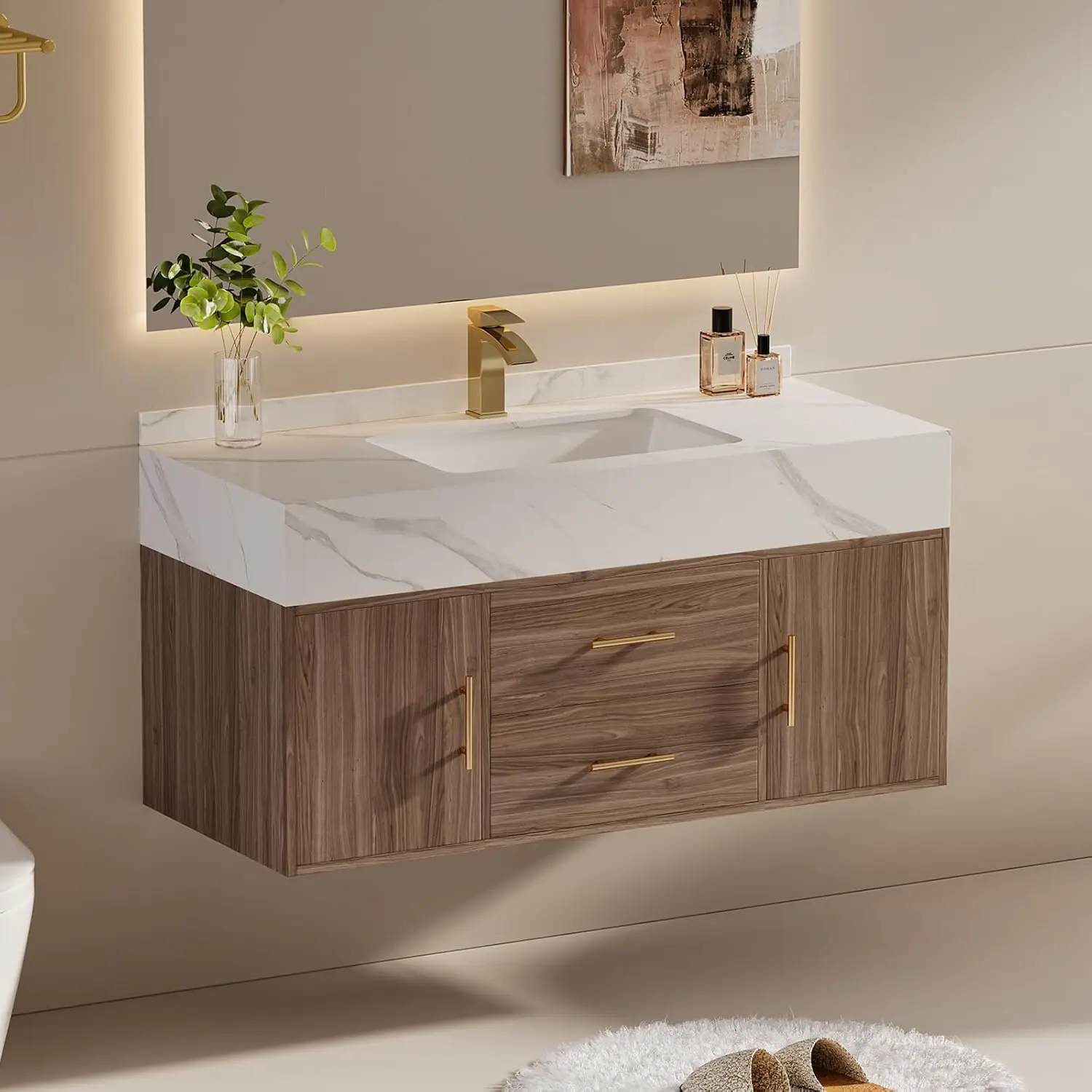 

Плавающий туалетный столик для ванной комнаты 39,3 дюйма, современный настенный туалетный столик со столешницей из спеченного камня, раковиной под креплением и по индивидуальному заказу