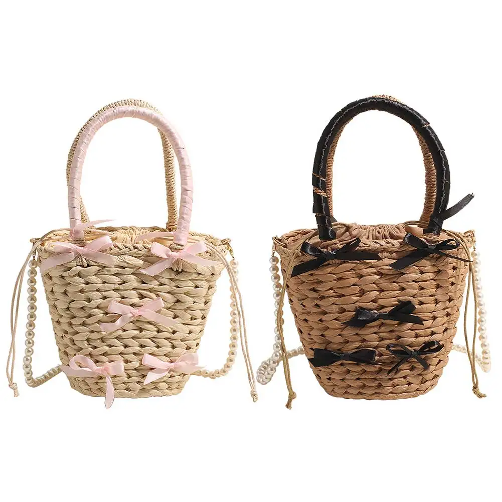 

Cute Bow Casual Tote Bag with Pearl Chain Strap Vacation Bag Large Holiday Travel Handbag Crossbody Bag for Women