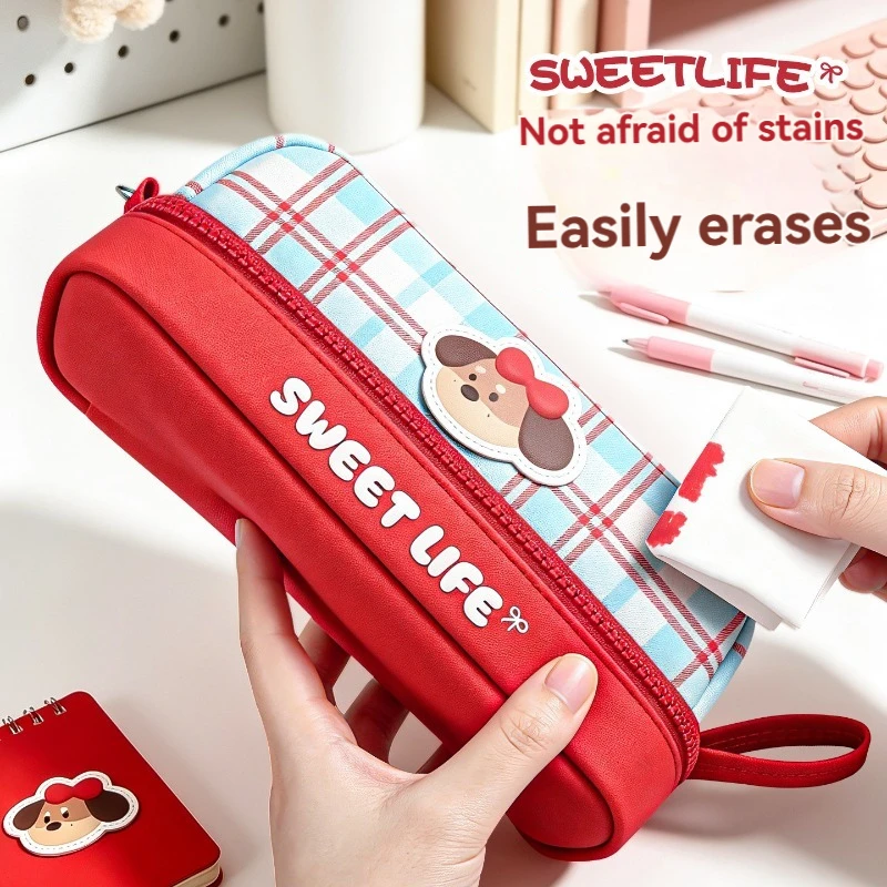 1PC Grid Cute Pet Pen Bag Ins Style High Beauty Stationery Box Student Cartoon Cute Large Capacity Stationery Bag