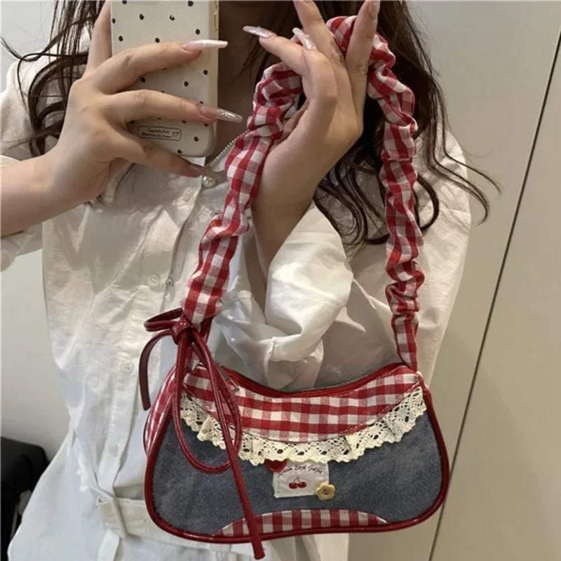 

Women's Handbag Bow Tote Bag Lace Button Y2K Korean Pleated Crossbody Bag Checkered Cloth Bag Shoulder Bag Commute Square Bag