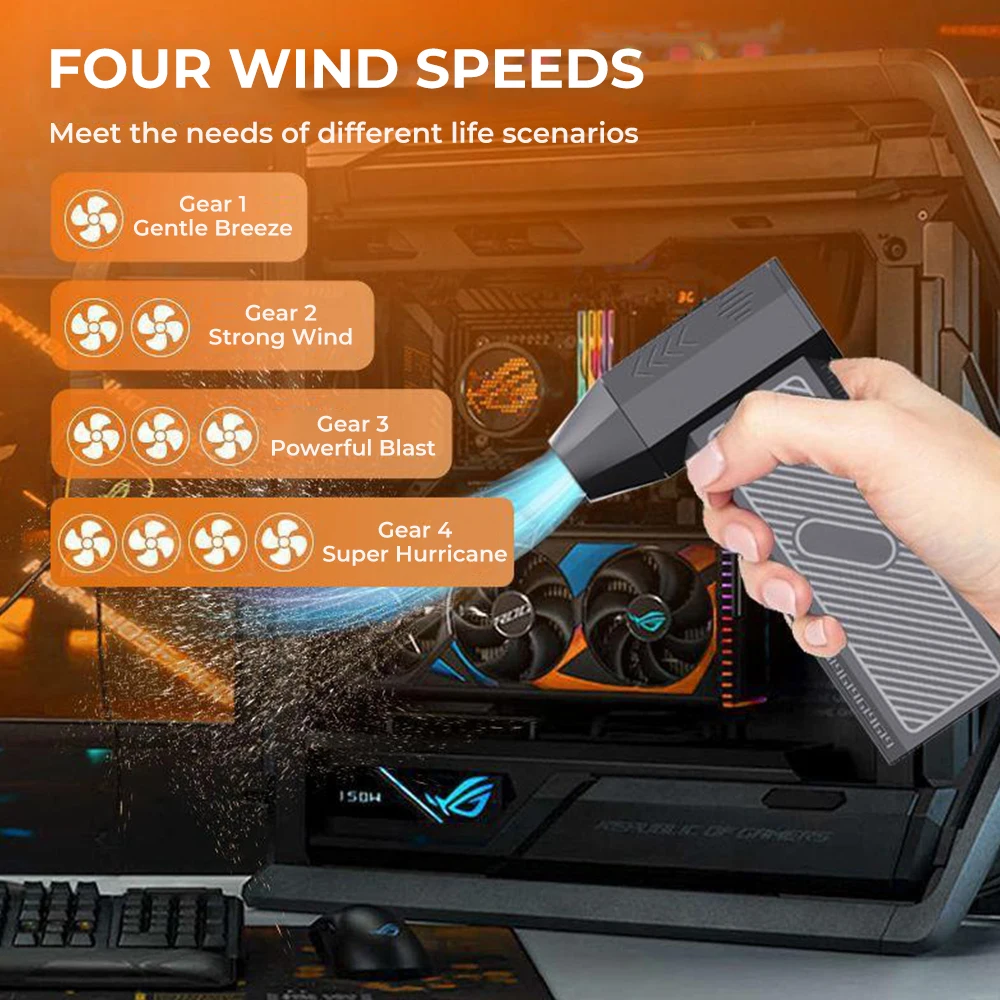 

Турбоструйный вентилятор, 130000 об/мин, турбореактивный вентилятор, 4 передачи, регулируемая скорость, электрическая воздушная тряпка, зарядка типа C, мощные инструменты для воздуходувки