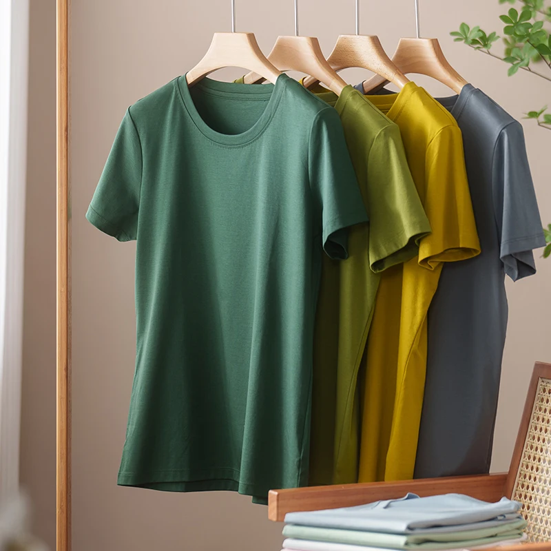 2024 Summer 100% Mercerized Cotton Women Silk T-shirts O Neck Short Sleeve Loose Straight Tops Simple Casual Tees For Minimalist