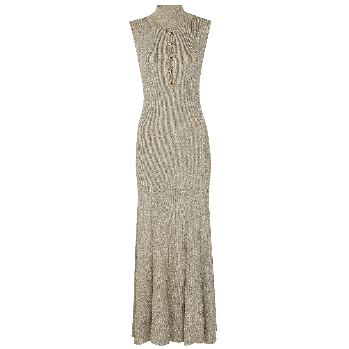 25322 haute Version été nouveau tempérament à la mode trajet tricoté soie brillante coupe ajustée col rond sans manches longue robe