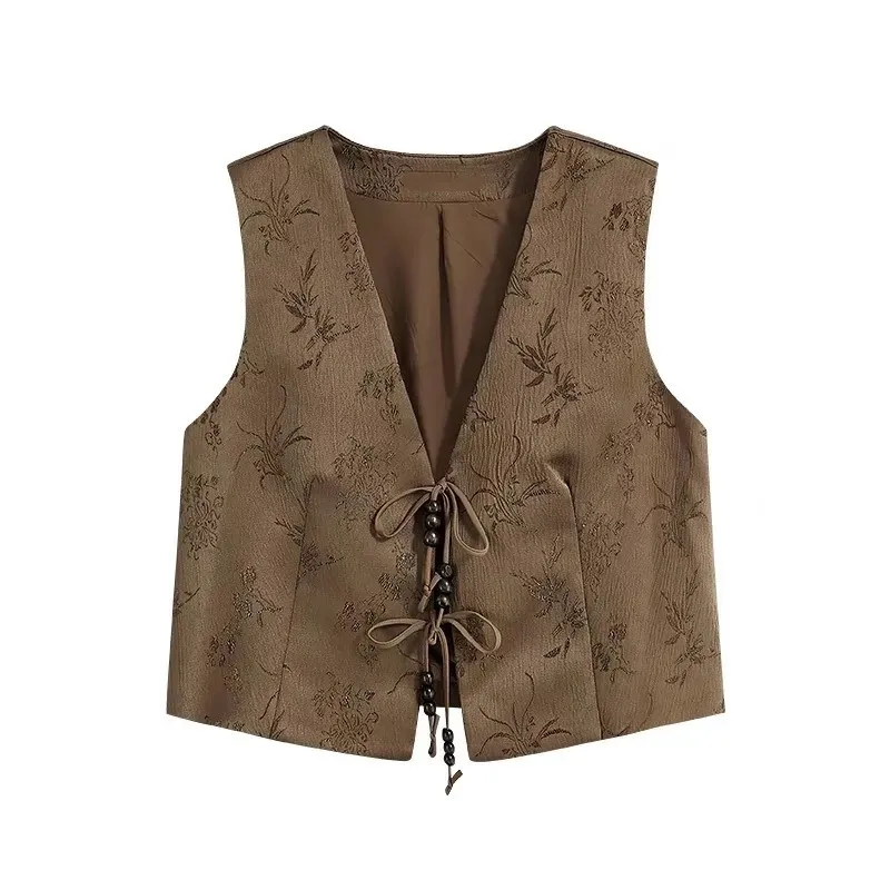 

Модный жаккардовый жилет в китайском ретро-стиле с элегантными шнуровками, универсальный, стройнящий, без рукавов